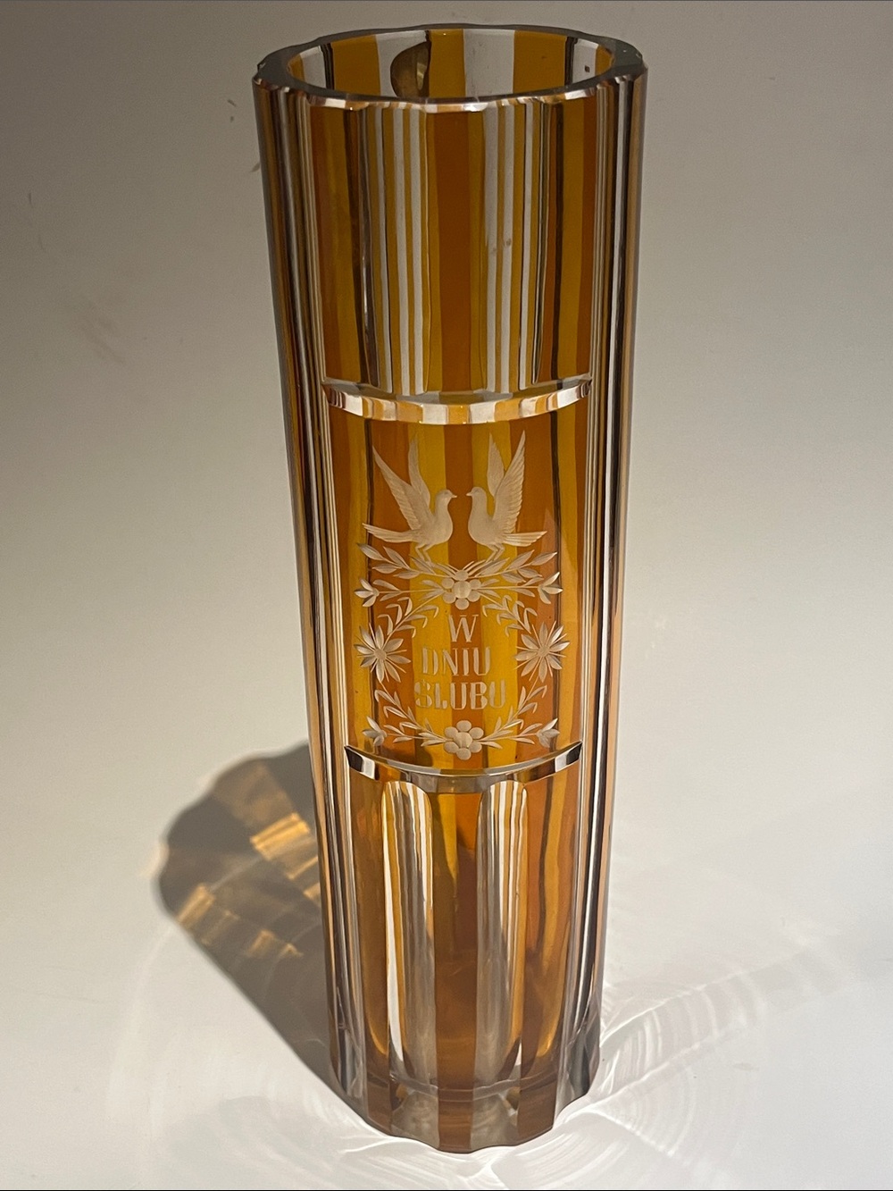 Julia Glassworks Polish Amber Glass Etched Vase